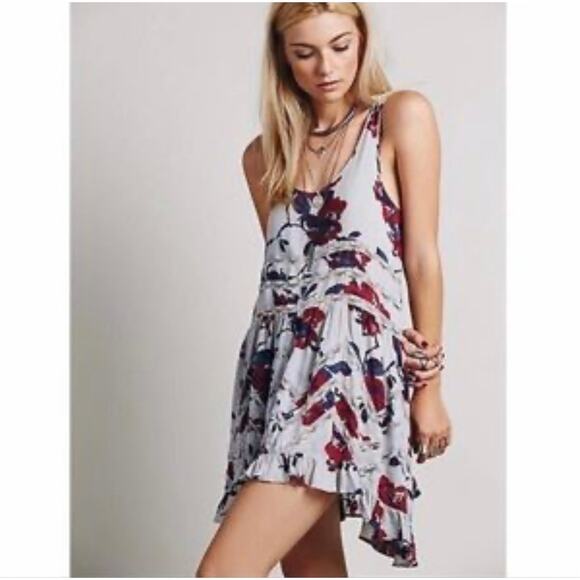 Free People Voile & Lace Slip Dress XS Gray Red Floral Trapeze Boho - Picture 1 of 7